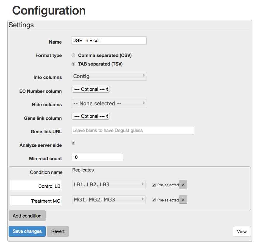 Degust configuation